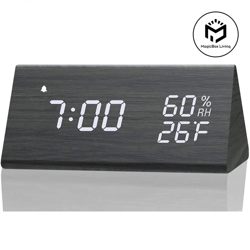 Wooden LED Digital Alarm Clock – Time Display, USB Charger, Temperature & Humidity Detection