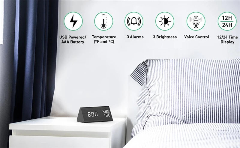 Wooden LED Digital Alarm Clock – Time Display, USB Charger, Temperature & Humidity Detection