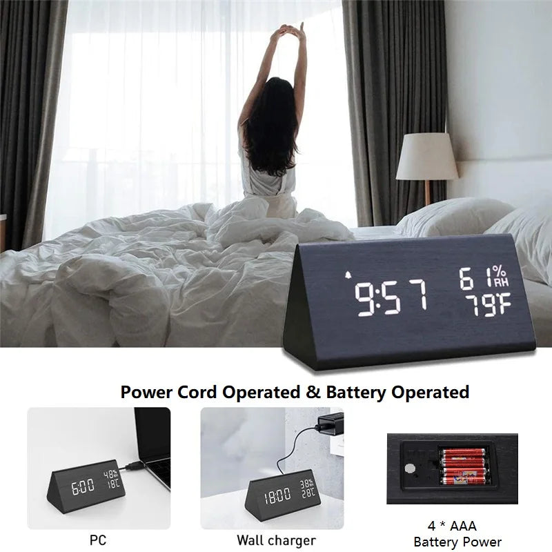 Wooden LED Digital Alarm Clock – Time Display, USB Charger, Temperature & Humidity Detection