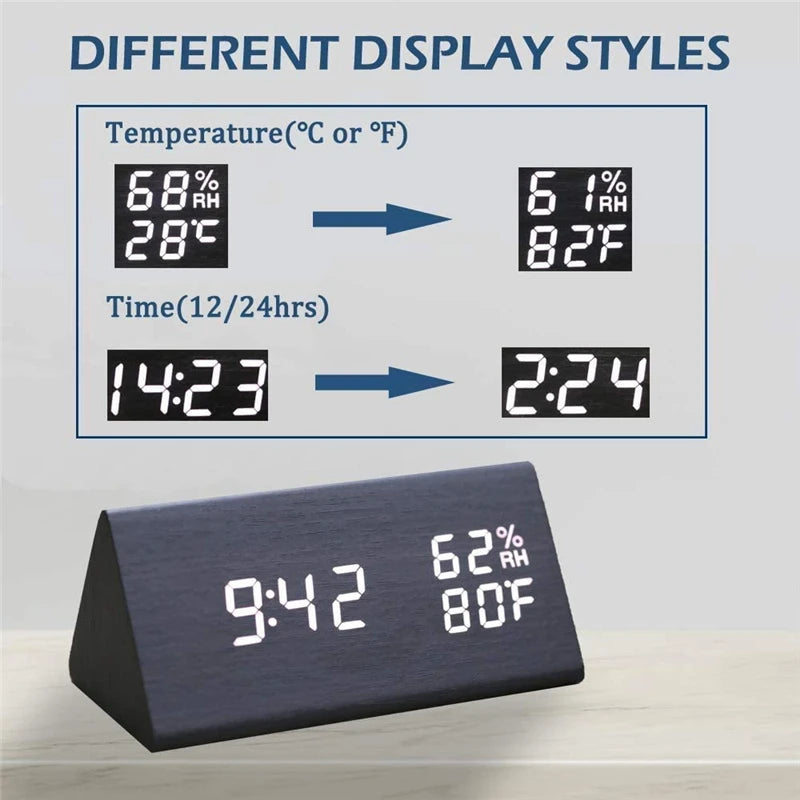 Wooden LED Digital Alarm Clock – Time Display, USB Charger, Temperature & Humidity Detection