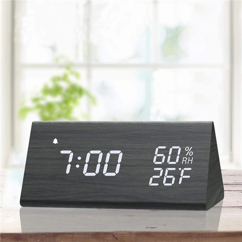 Wooden LED Digital Alarm Clock – Time Display, USB Charger, Temperature & Humidity Detection