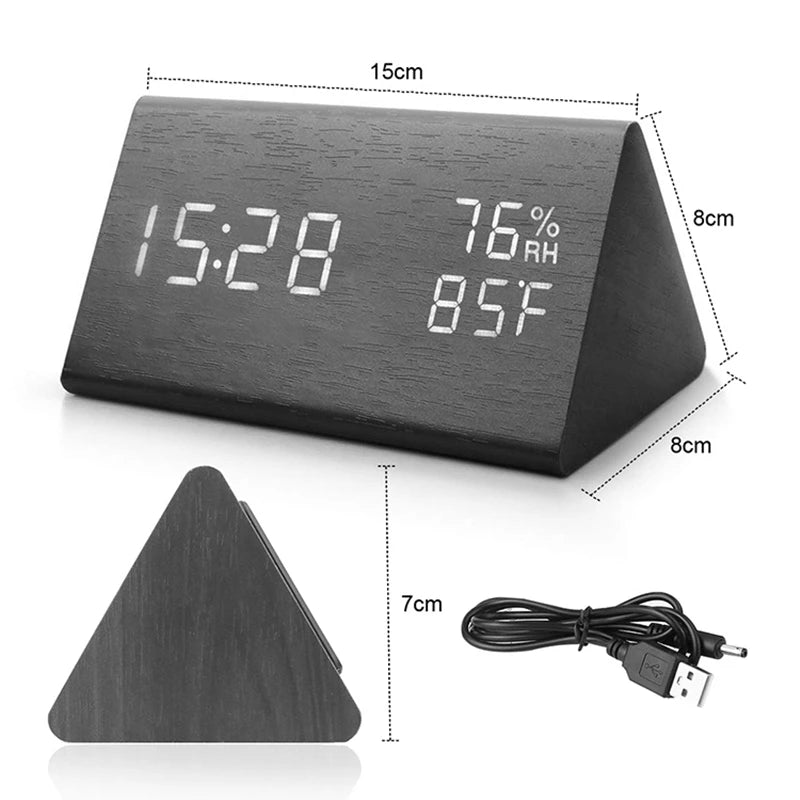 Wooden LED Digital Alarm Clock – Time Display, USB Charger, Temperature & Humidity Detection