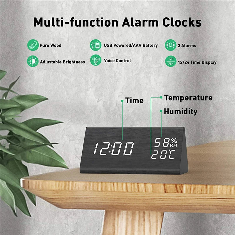 Wooden LED Digital Alarm Clock – Time Display, USB Charger, Temperature & Humidity Detection