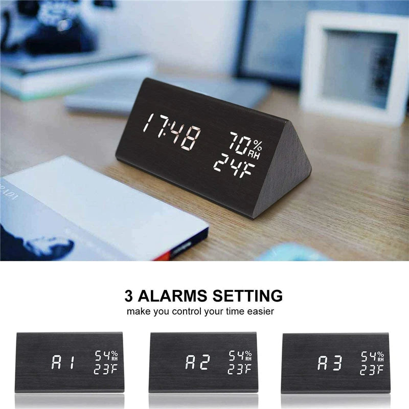 Wooden LED Digital Alarm Clock – Time Display, USB Charger, Temperature & Humidity Detection