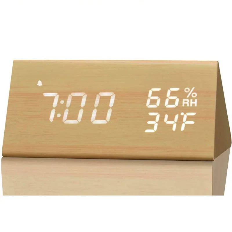 Wooden LED Digital Alarm Clock – Time Display, USB Charger, Temperature & Humidity Detection