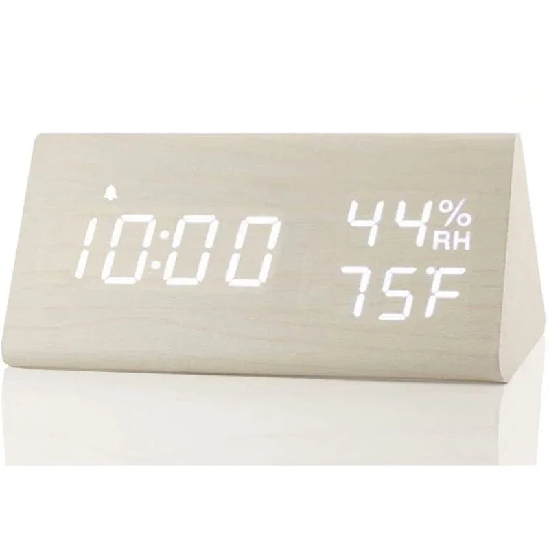 Wooden LED Digital Alarm Clock – Time Display, USB Charger, Temperature & Humidity Detection