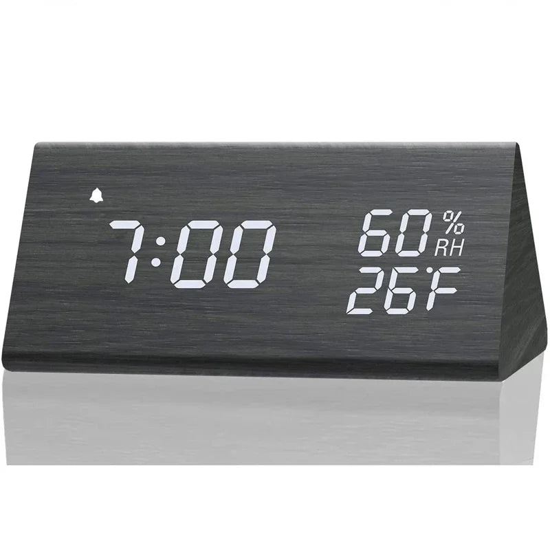 Wooden LED Digital Alarm Clock – Time Display, USB Charger, Temperature & Humidity Detection
