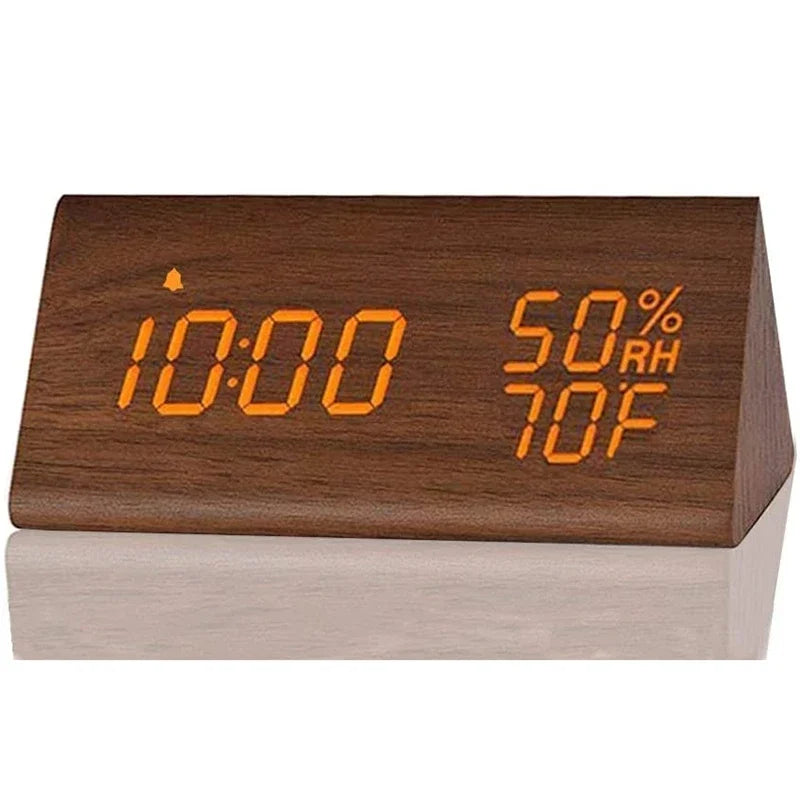 Wooden LED Digital Alarm Clock – Time Display, USB Charger, Temperature & Humidity Detection