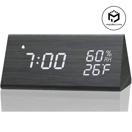 Wooden LED Digital Alarm Clock – Time Display, USB Charger, Temperature & Humidity Detection