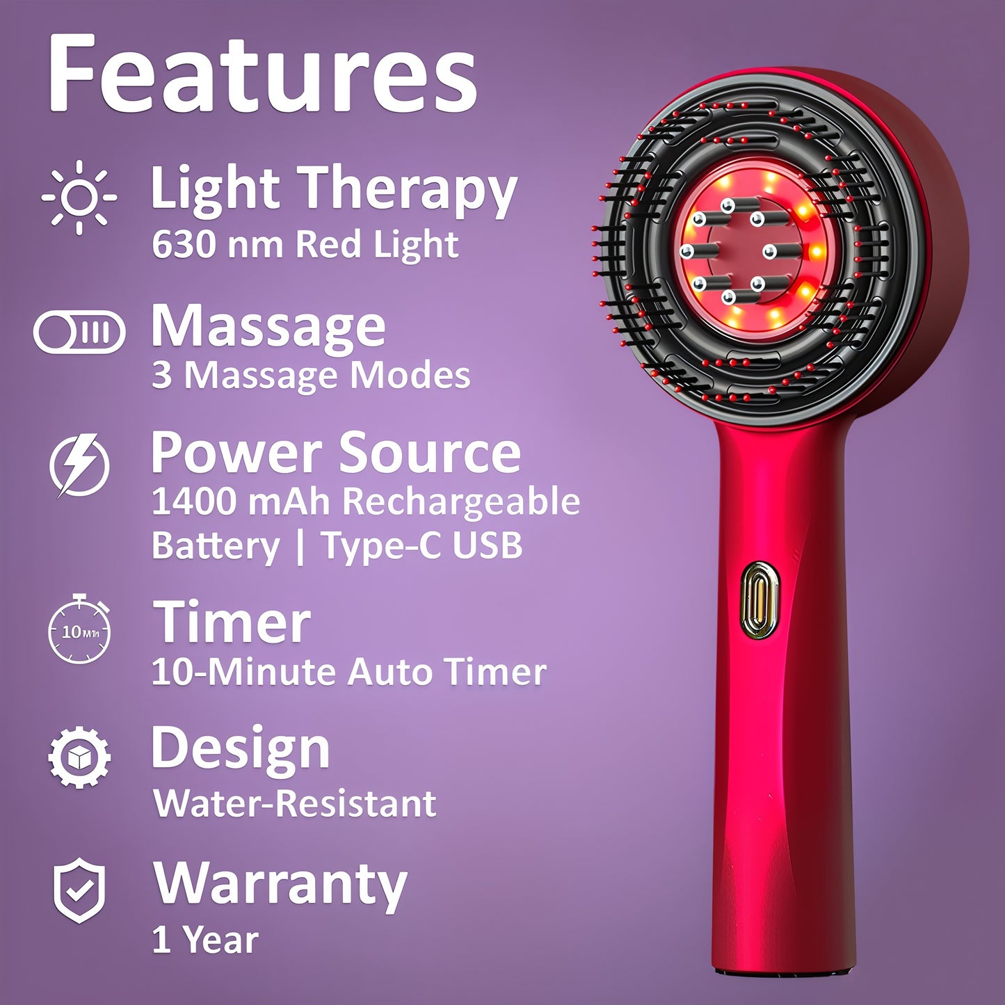 Electric Massage Comb with Vibration and Red Light Therapy for Hair Growth