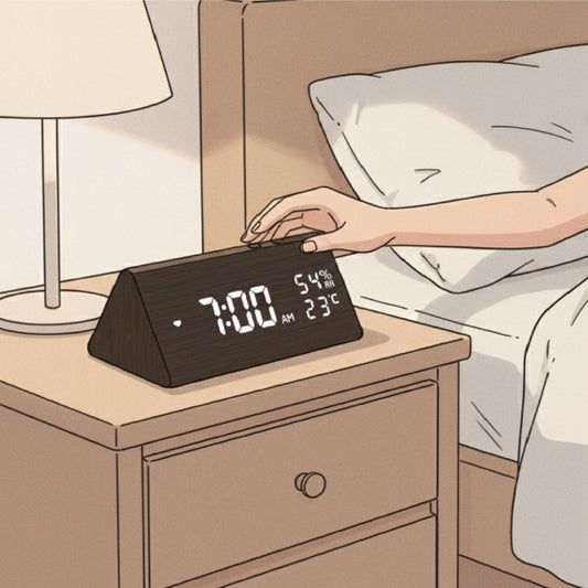 Wooden LED Digital Alarm Clock – Time Display, USB Charger, Temperature & Humidity Detection